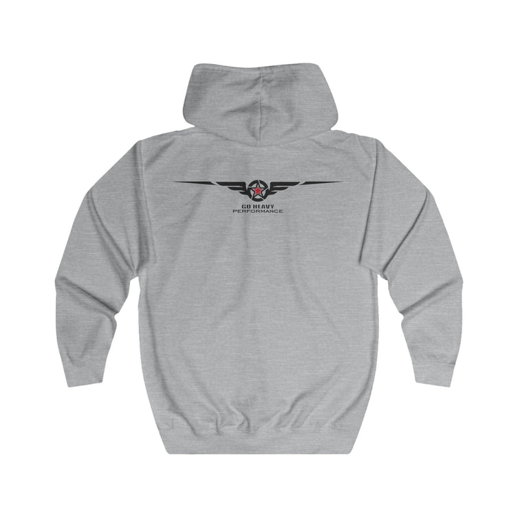 Gray hoodie with 'Print it your way' text on the back against a white background
