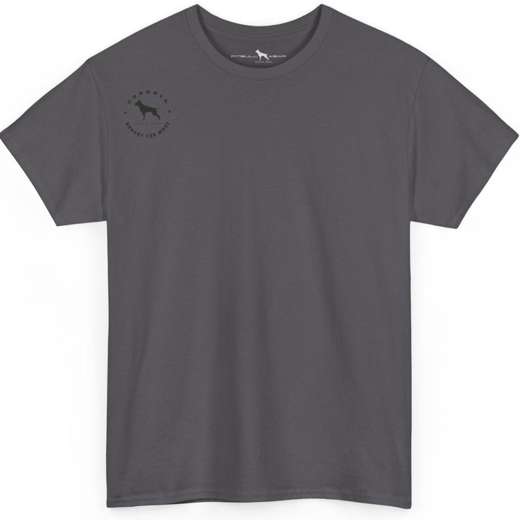 Gray t-shirt with a small logo on the chest against a white background