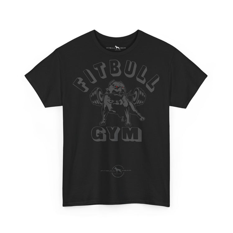 Black fitness t-shirt with 'Fitbull Gym' graphic design on a white background