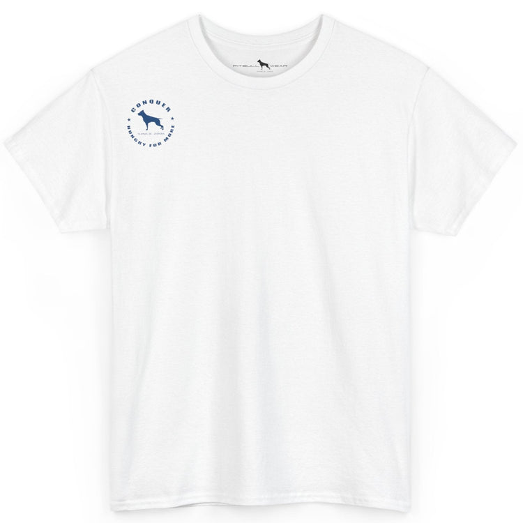 White t-shirt with a blue logo on a white background