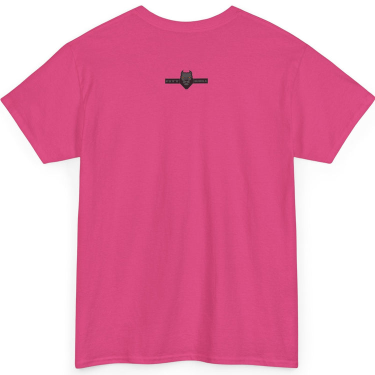 Pink t-shirt with a small black logo on the back against a white background
