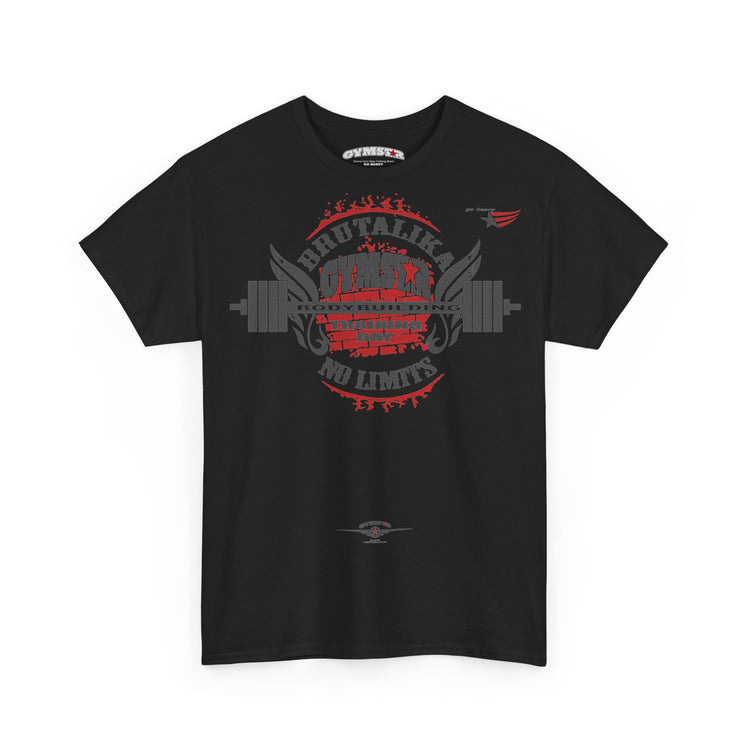A black short-sleeve crewneck t-shirt with a red and gray graphic on the front featuring a barbell, wings, and the text 'BRUTALIKA NO LIMITS'. The brand name 'GYMSTAR' is visible on the inner neck label.