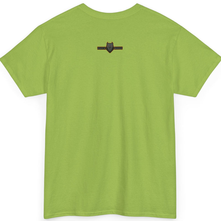 Green t-shirt with a small black logo on the back against a white background