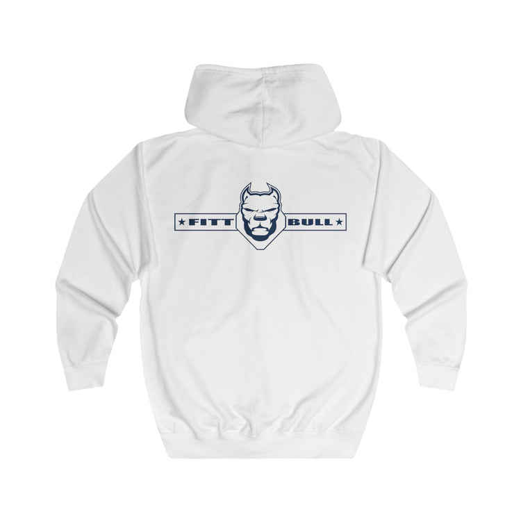 White Fitbull hoodie with 'Fittbull' logo on a white background