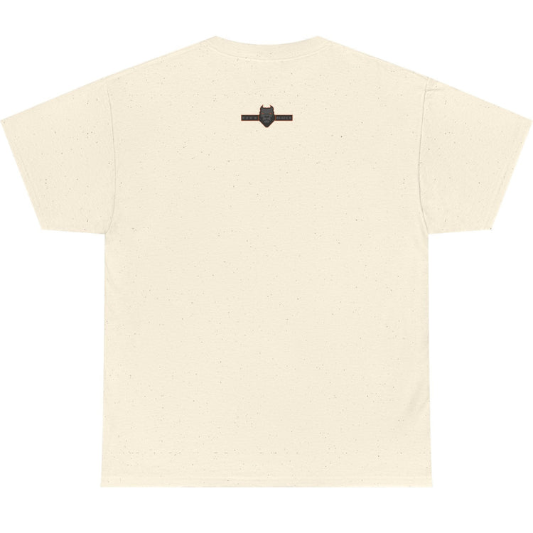 Beige t-shirt with a black logo on a white background
