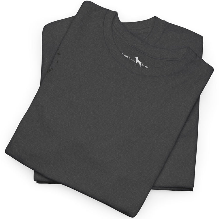 Folded dark gray t-shirt with a logo on a white background