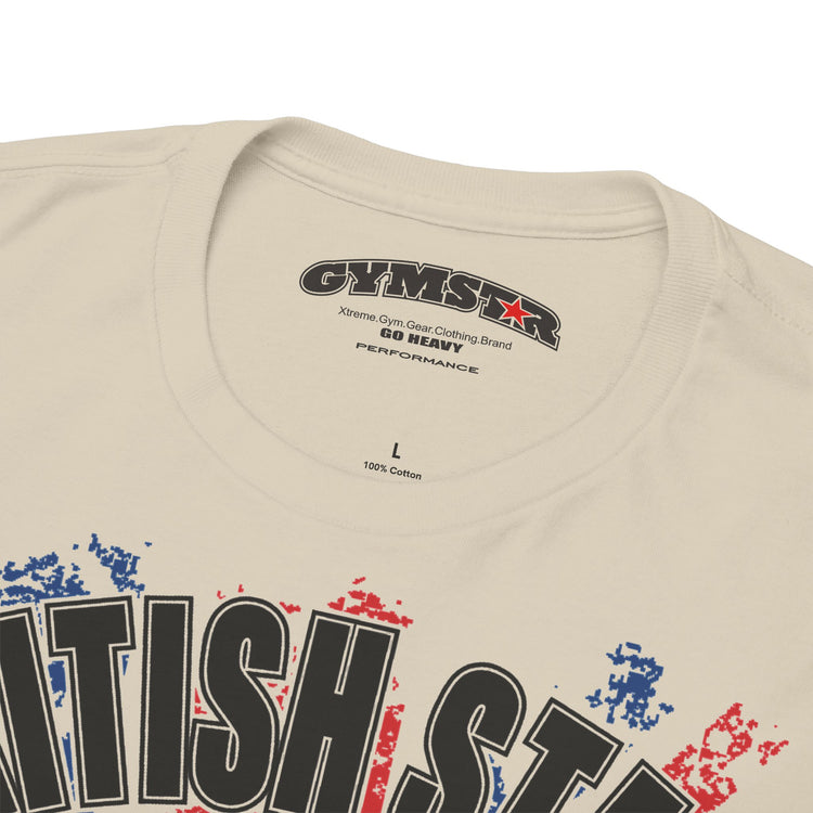 Close-up of a cream-colored Gymstar t-shirt neck label and upper chest area, showing the brand logo 'GYMSTAR' with a red star and 'G12 HEAVY PERFORMANCE' text, alongside a partial graphic print in black, red, and blue.