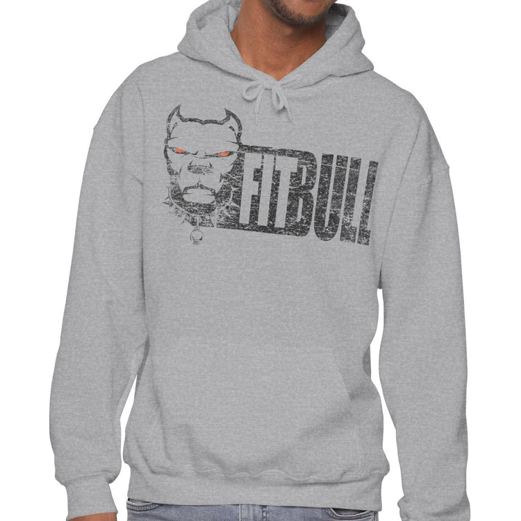 Man wearing a gray Fitbull hoodie with a logo and text on a white background