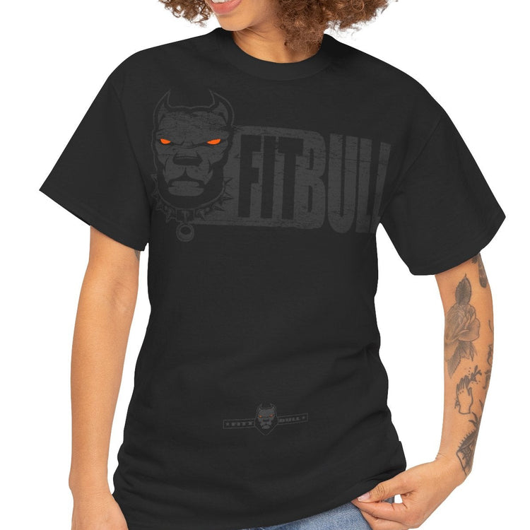 Woman wearing a black t-shirt Fitbull with a white cross design on a white background