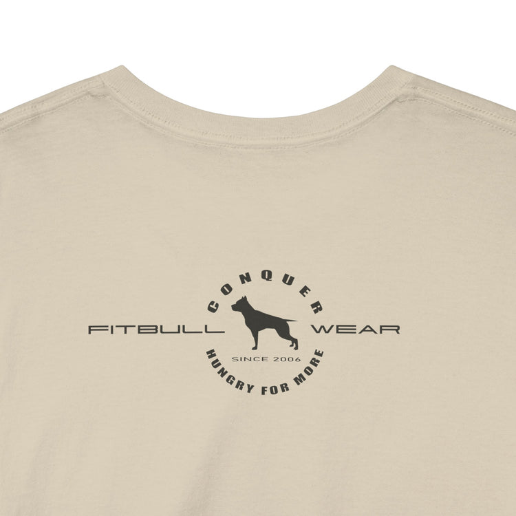 Beige shirt with black logo and text on a white background