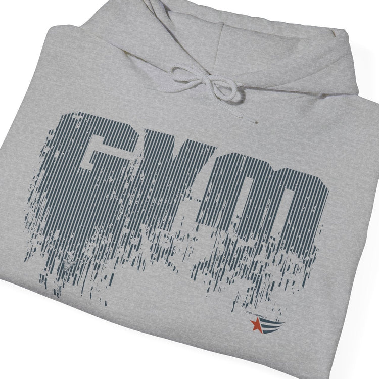 A folded light gray heather hoodie with a distressed dark gray 'GYM' graphic on the front and a small orange and blue logo near the lower right front, shown on a plain white background.