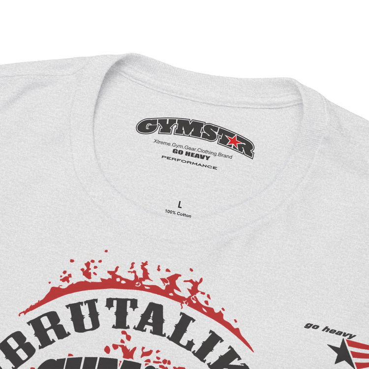 Close-up of a light heather gray t-shirt showing the inner neck label with 'GYMSTAR' and 'GO HEAVY' branding, along with part of a red and black graphic print on the front.