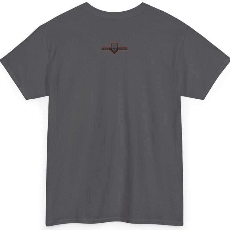 Gray t-shirt with a small logo on the back against a white background