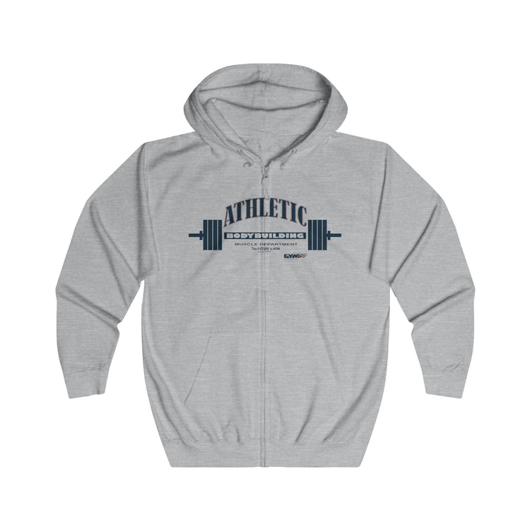 Gray Gymstar hoodie with 'Athletic' graphic on a white background