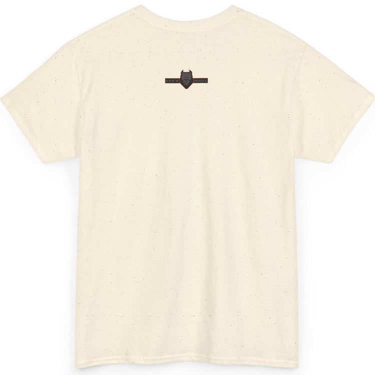 Beige t-shirt with a small black logo on the back against a white background