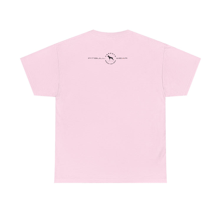 Pink fitness FITBULL t-shirt with a logo on the back against a white background