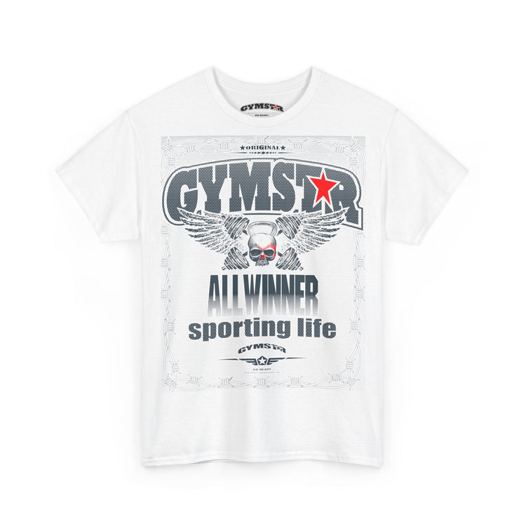 White t-shirt with 'GYMSTAR' graphic design on a white background