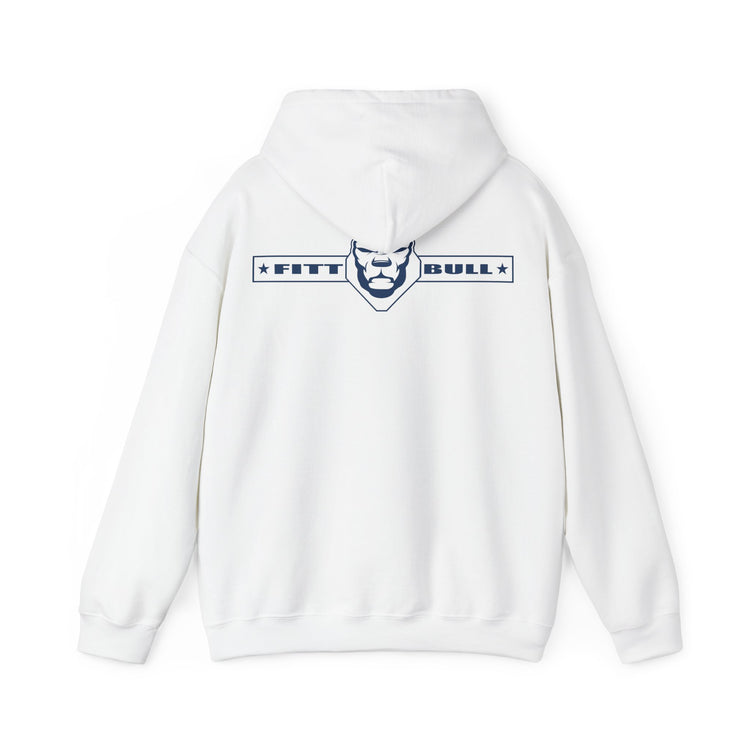White Fitbull hoodie with 'FITT BULL' logo on the back against a white background