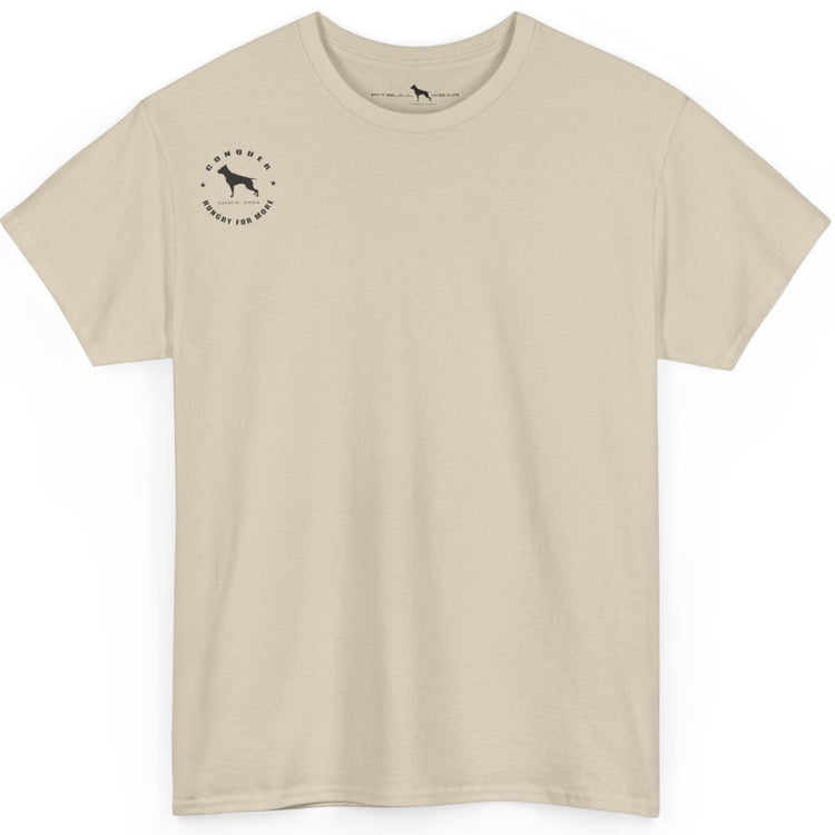 Beige t-shirt with a small logo on the chest against a white background