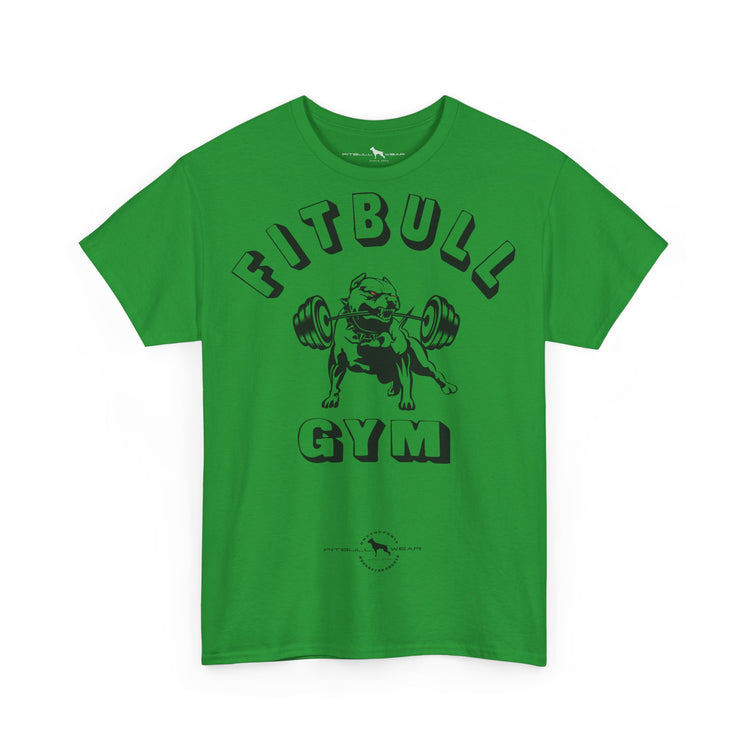 Green fitness t-shirt with 'Fitbull Gym' graphic on a white background