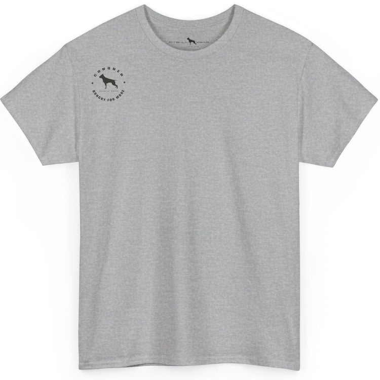 Gray t-shirt with a small logo on a white background