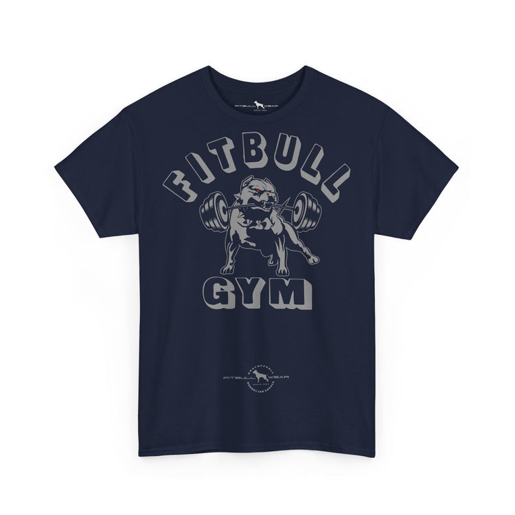 Navy blue fitness t-shirt with 'Fitbull Gym' graphic design on a white background