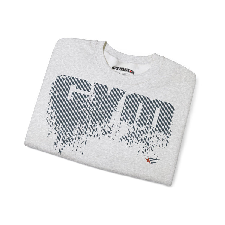 A light heather gray Gymstar sweatshirt folded neatly, featuring a large distressed dark gray 'GYM' graphic on the front and a small red and black logo near the lower right front.