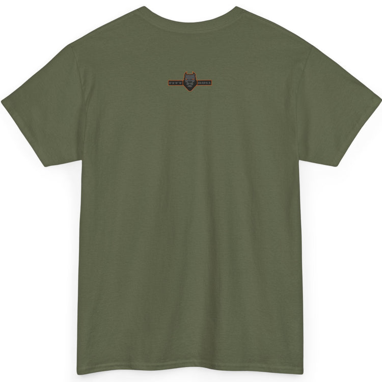 Green t-shirt with a small logo on the back against a white background