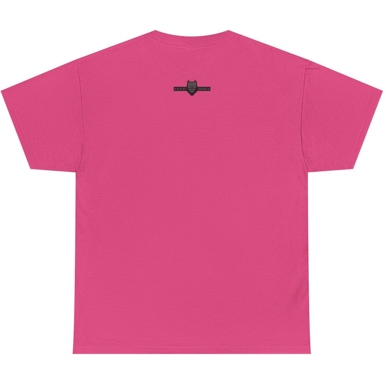 Pink t-shirt with a small black logo on the back against a white background
