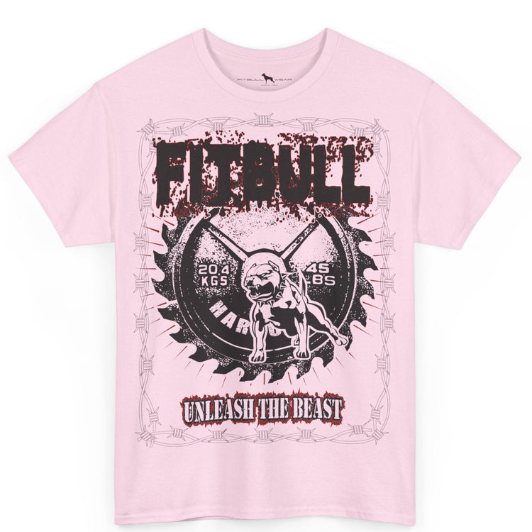 Pink t-shirt with graphic design and text on a white background