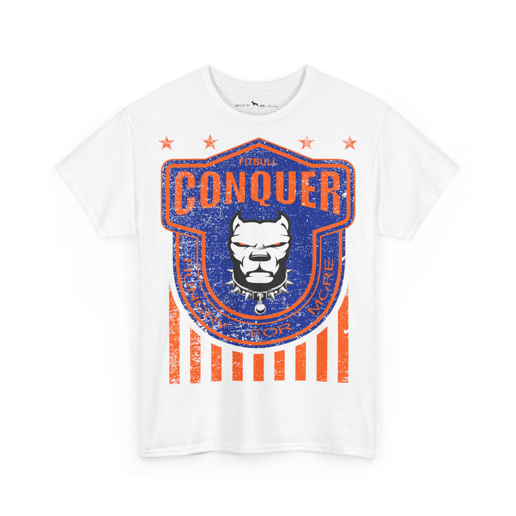 FITBULL Conquer Lion Shield Tee — Vintage Athletic Badge, Distressed Stars & Stripes