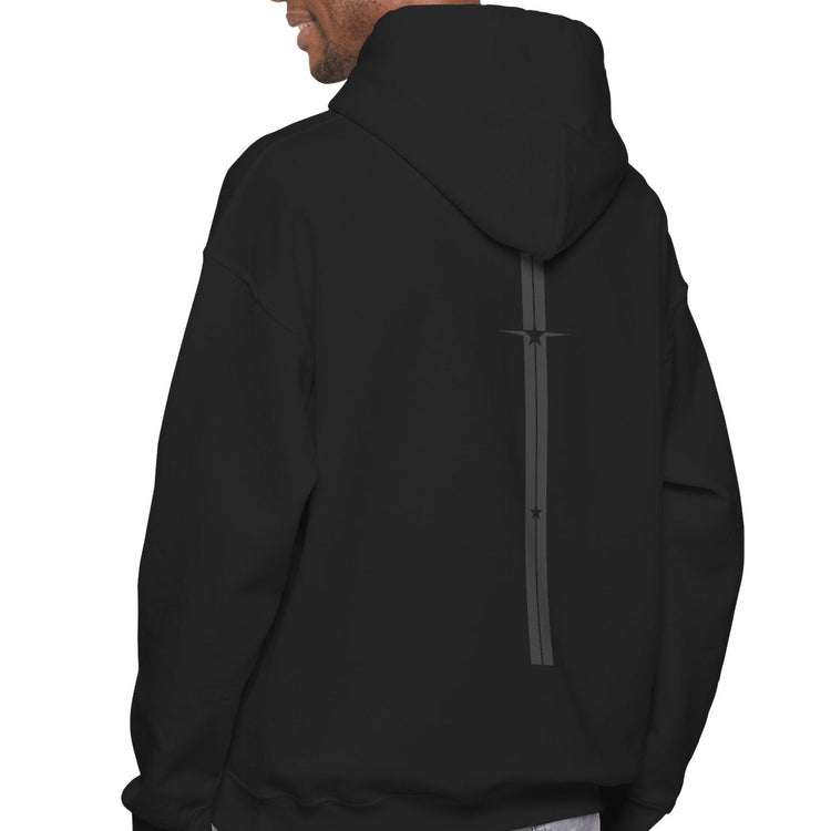 Person wearing a dark gray Gymstar hoodie with 'Never Wave' text on the back, standing against a white background.