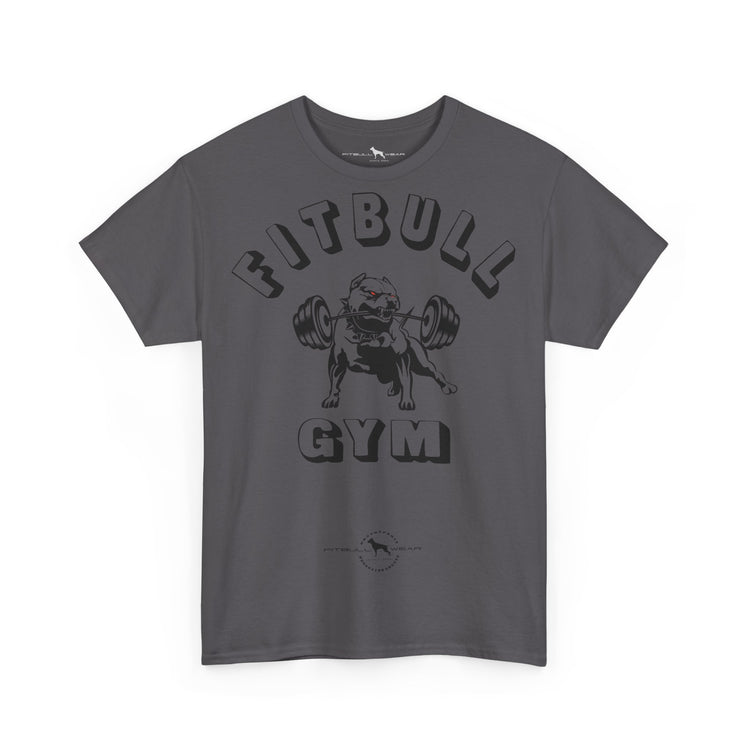 Gray fitness  t-shirt with 'Fitbull Gym' graphic design on a white background