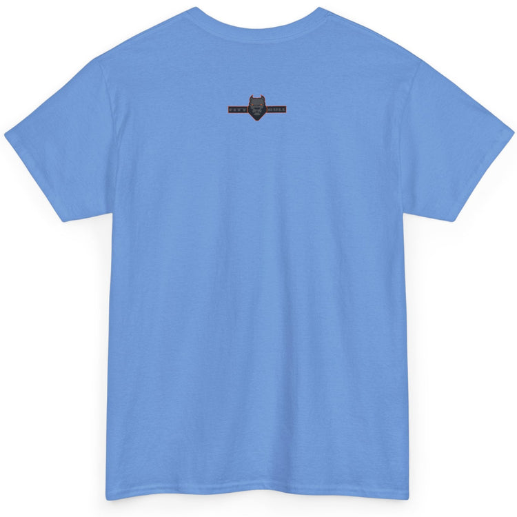 Blue t-shirt with a small logo on the back against a white background
