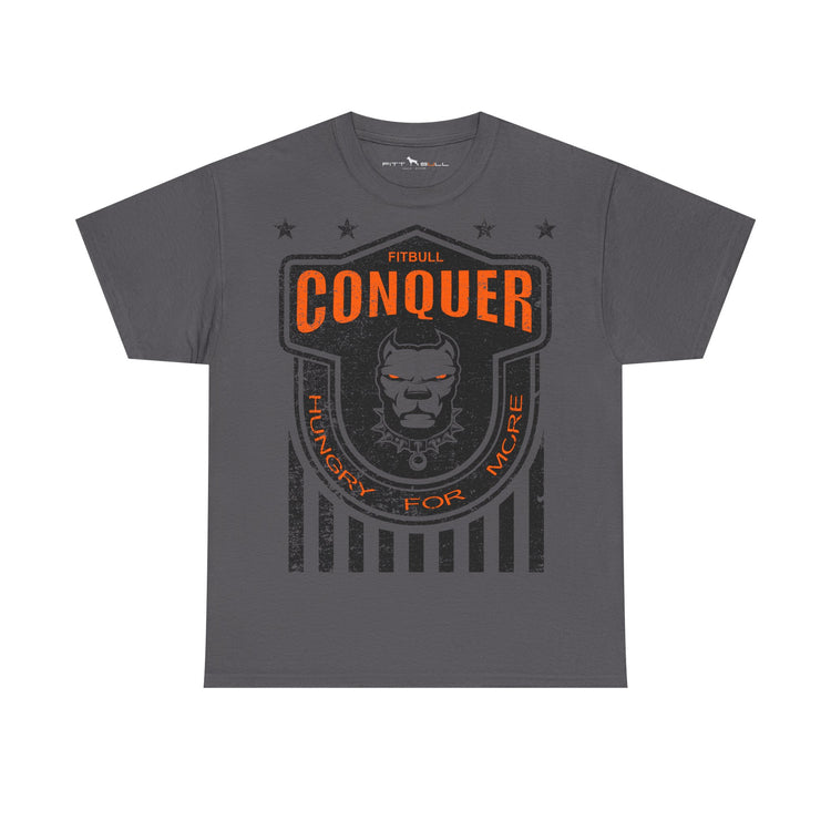 Gray Fitbull t-shirt with orange and black graphic design on a white background