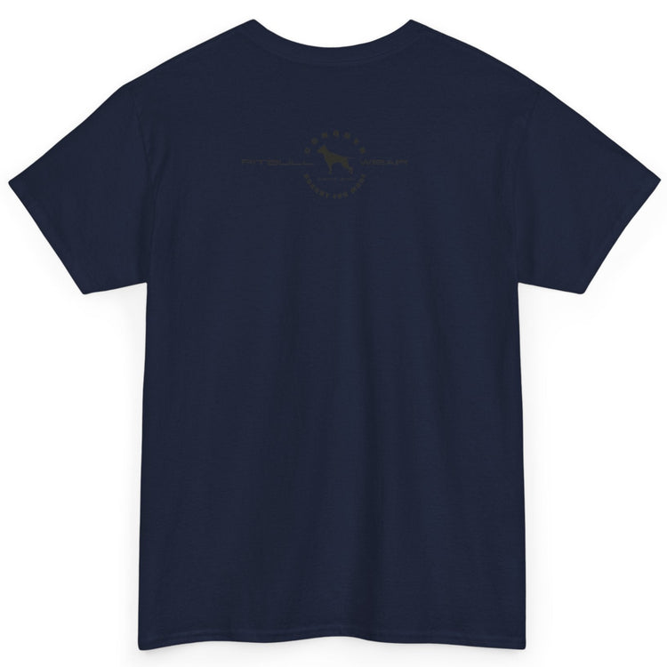 Navy blue t-shirt with a small logo on the back against a white background