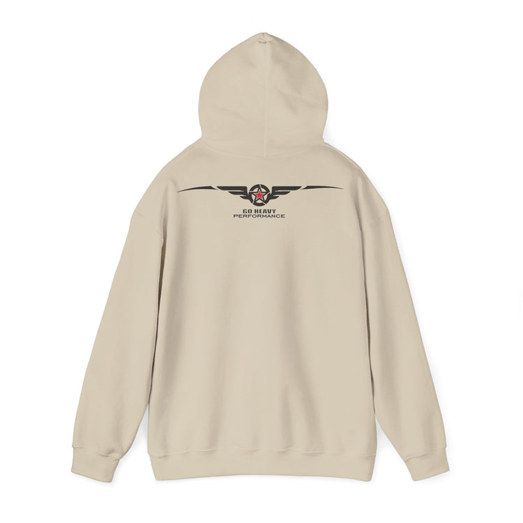 A beige pullover hoodie shown from the back, featuring a black winged emblem with a red star and the text '50 MARINE COMMANDO VETERANS' printed on the upper back.