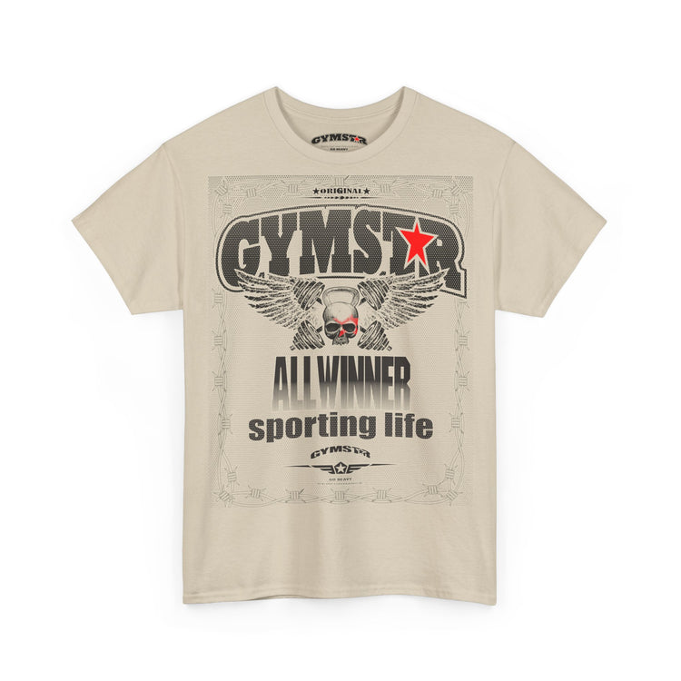 Beige t-shirt with 'GYMSTAR' graphic design on a white background