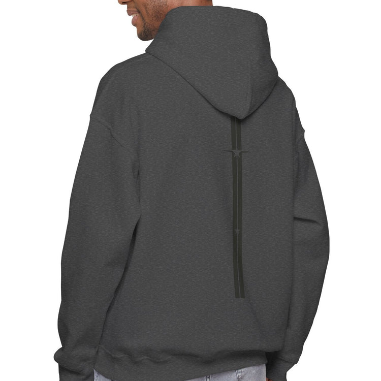 Person wearing a dark gray Gymstar hoodie with a scenic design on the back, standing against a white background.