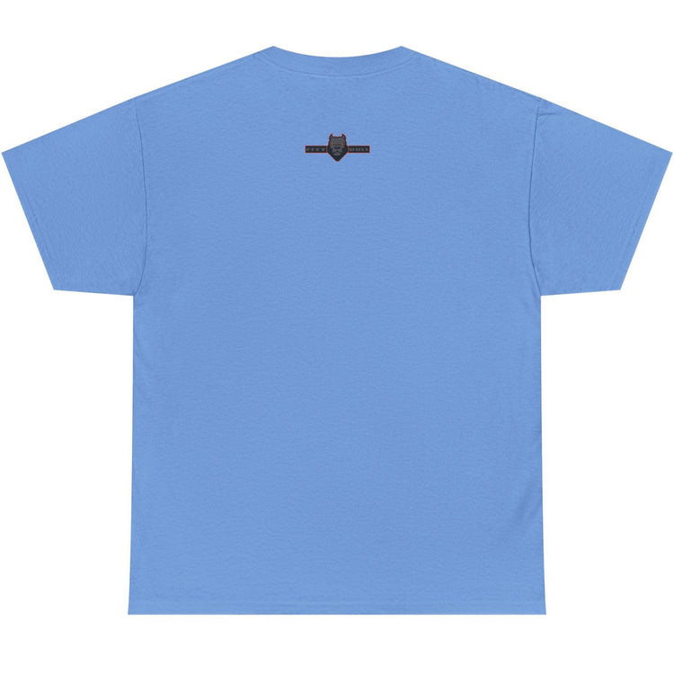 Blue t-shirt with a small black logo on the back against a white background