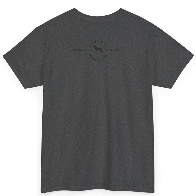 Dark gray t-shirt with a logo on the back against a white background