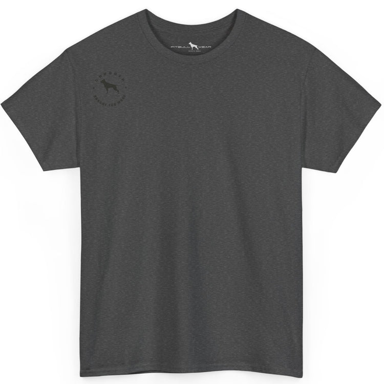 Dark gray t-shirt with a small logo on a white background