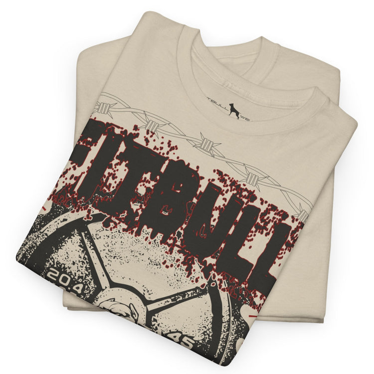 Folded beige fitbull t-shirt with motivated graphic design on a white background