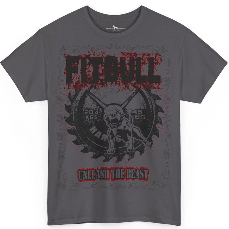 Gray t-shirt with graphic design and text on a white background