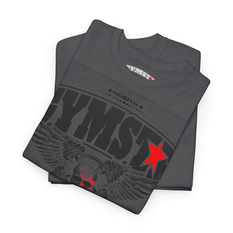 Folded gray GYMSTAR t-shirt with brand logo on a white background