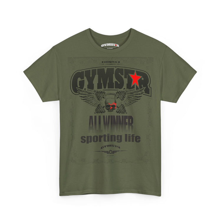 Green t-shirt with 'GYMSTAR' graphic design on a white background