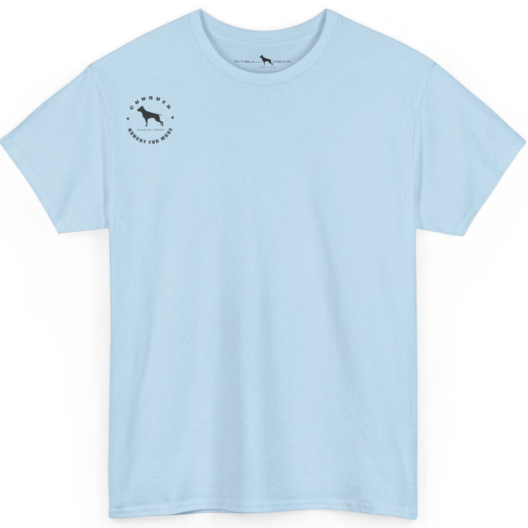 Light blue t-shirt with a small logo on the chest against a white background