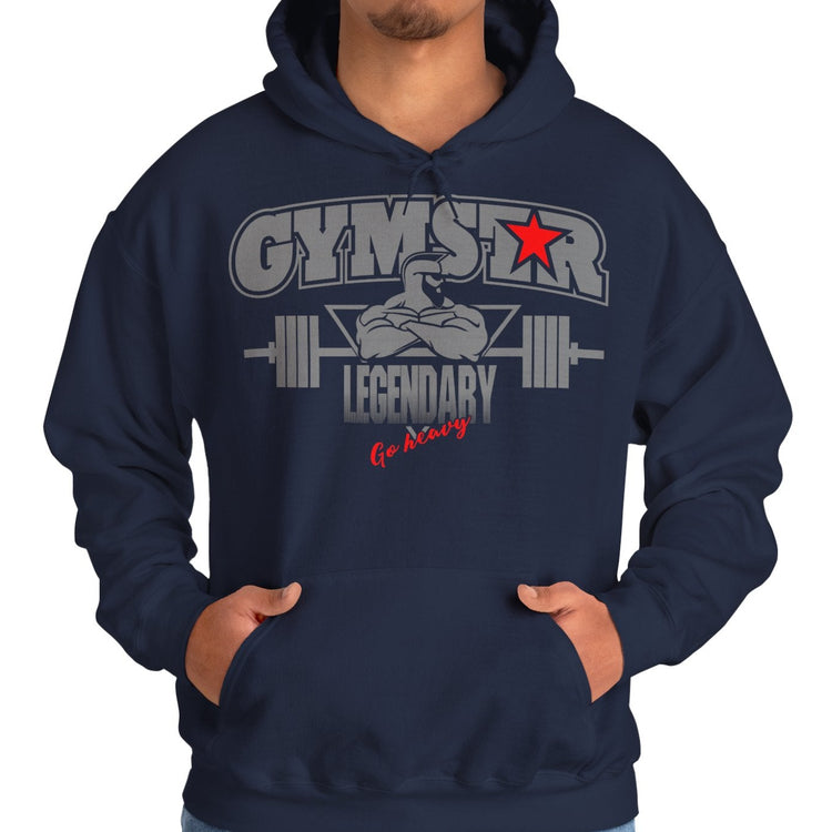 Person wearing a navy blue hoodie with 'Gymstar Legendary' graphic on a white background