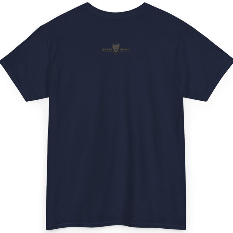 Navy blue t-shirt with a small logo on the back against a white background