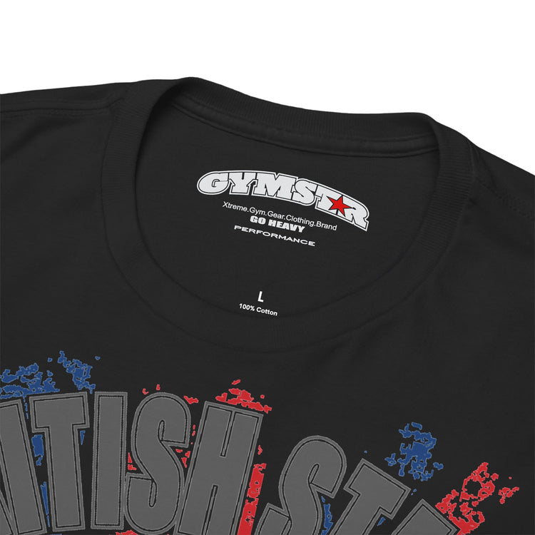 Close-up of a black t-shirt collar showing the inner neck label for 'GYMSTAR' and the top of a graphic print with distressed gray, red, and blue lettering on a white background.